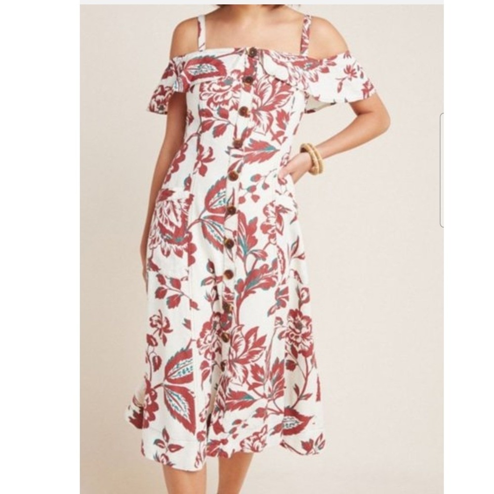 Anthropologie Floral Linen Blend Midi Dress Rust Cream Cold Shoulder Smocked 4
